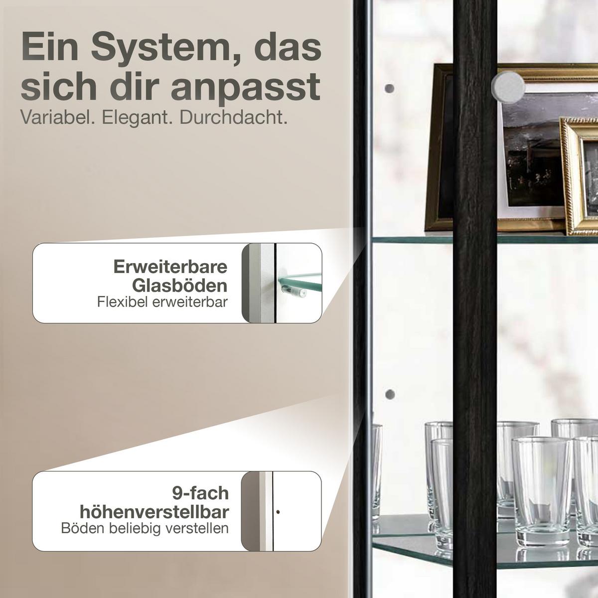VITRINE 33/67/176 cm mit Spiegel, LED, Schloss & 4 höhenverstellbaren Glasböden - Transparent/Silberfarben, Glas/Holzwerkstoff (67/176/33cm) - K-Möbel