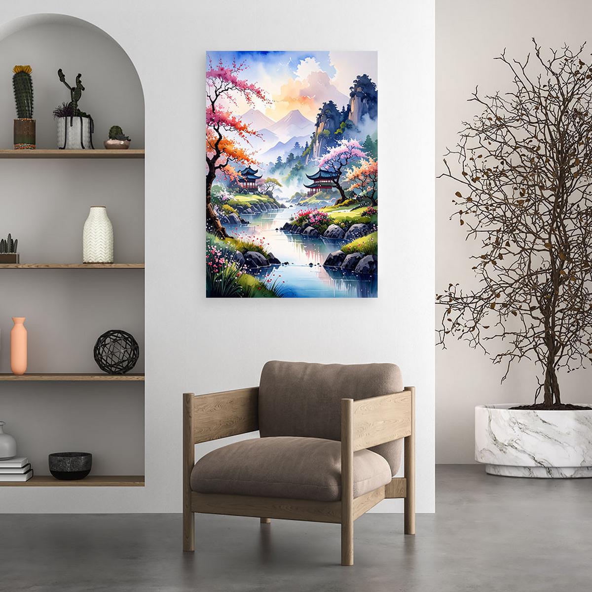 BILD auf Leinwand, Japanische Pagode Pastelllandschaft - Multicolor, Textil (70/100cm) - Feeby