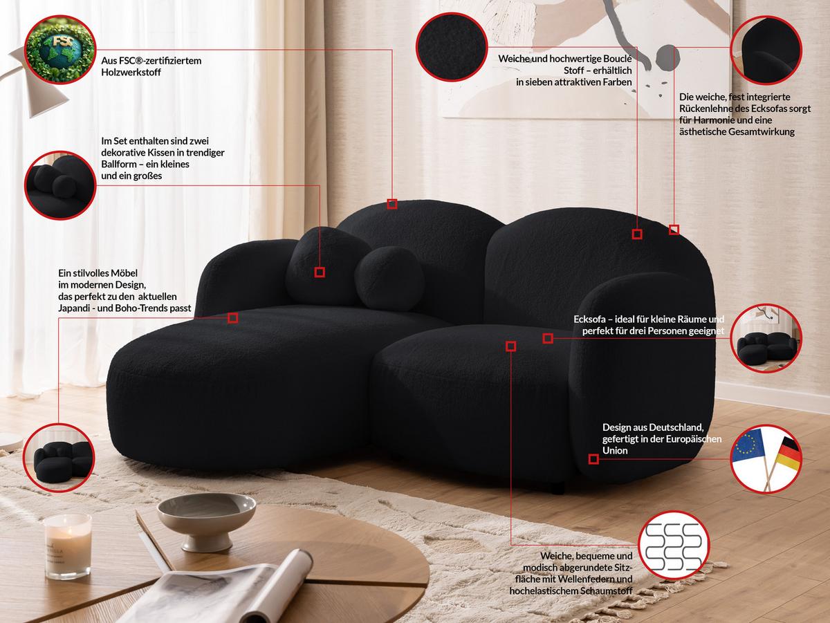 ECKSOFA Nuvola mit abgerundetem Design Schwarz Bouclé-Stoff - Ottomane Links - Schwarz, Holz/Kunststoff (190/146cm) - S-Style Möbel