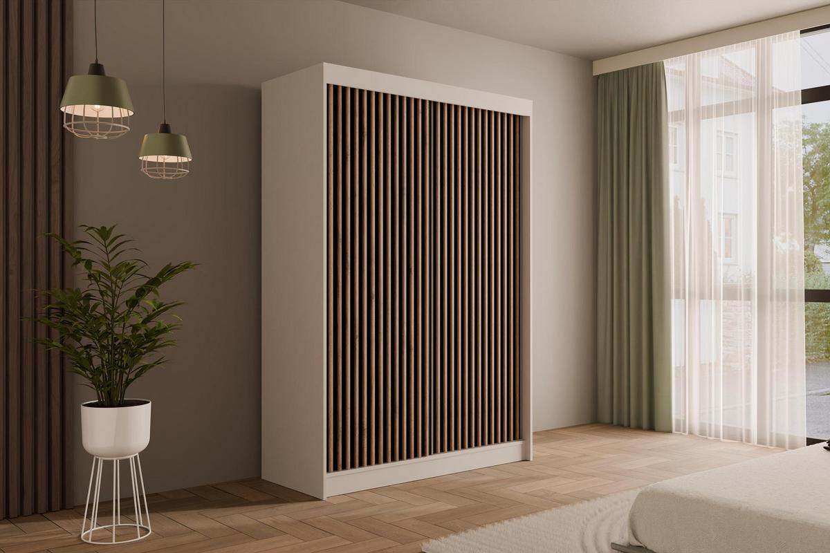 KLEIDERSCHRANK mit Lamel-Schiebetüren VILANv2 - 120 cm Weiß + Lamelle Eiche Wotan - Eiche Wotan/Weiß, Holzwerkstoff (120/215/61cm) - ALTDECOR