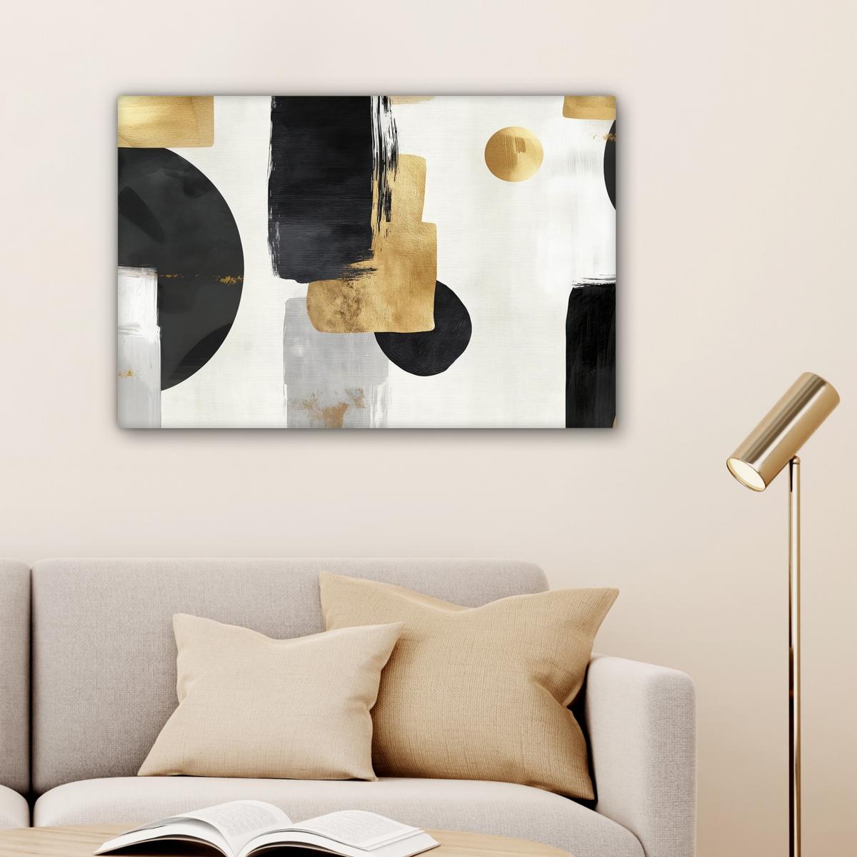 LEINWANDBILD Gold - Rechtecke - Kreise - Abstrakt Wanddeko 90x60 cm - Weiß, Textil (90/60cm) - MuchoWow
