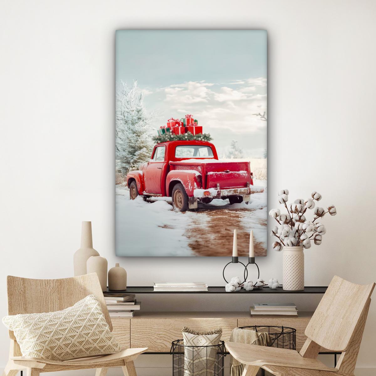LEINWANDBILD Auto - Rot - Geschenke - Winter - Schnee - Weihnachten Deko XXL 80x120 cm - Rot, Textil (80/120cm) - MuchoWow