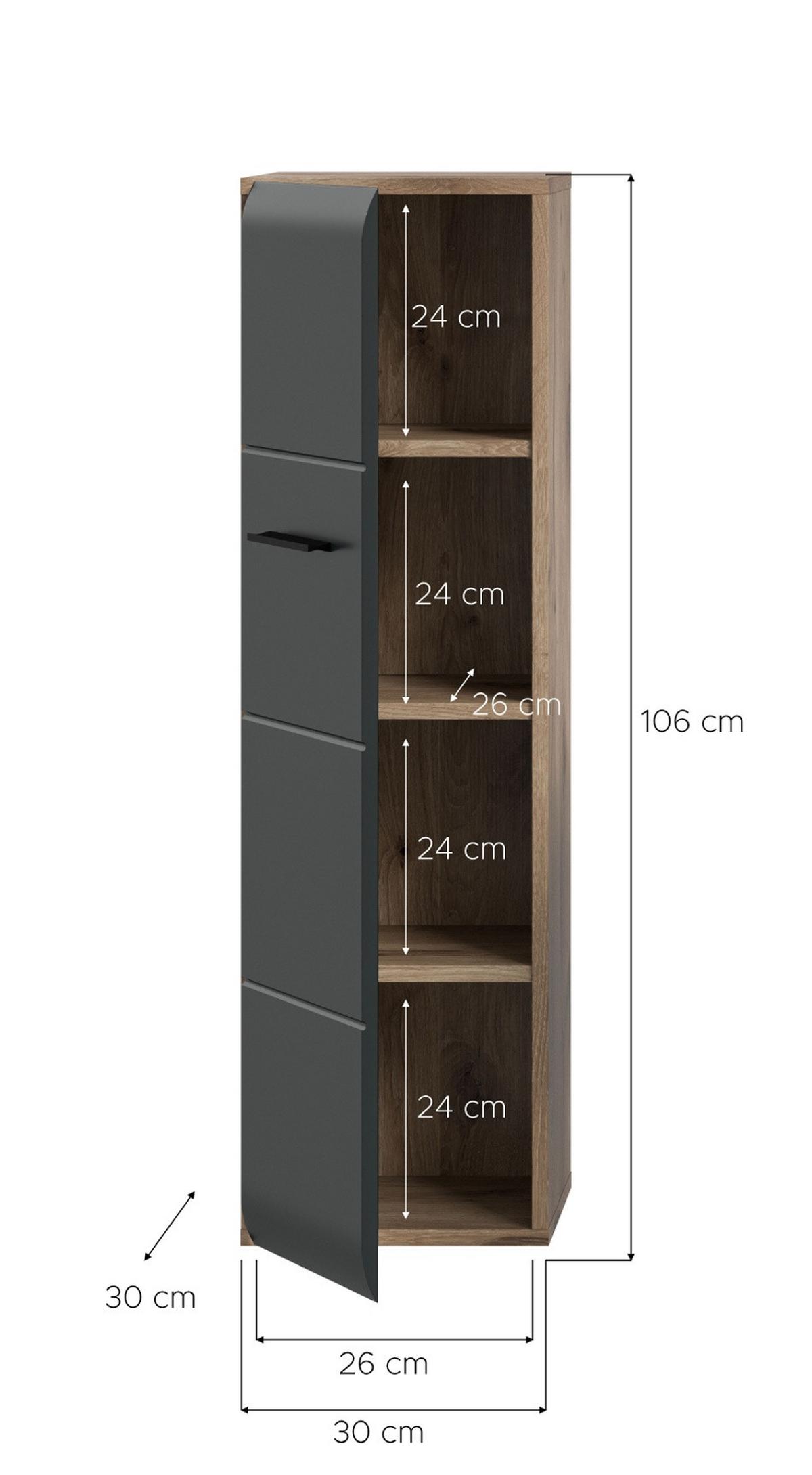 MIDISCHRANK schwarz matt, Eiche, Bad Kommode hängend / stehend 30 cm - Eichefarben/Schwarz, Holzwerkstoff/Kunststoff (30/106/30cm) - Inn.Furn