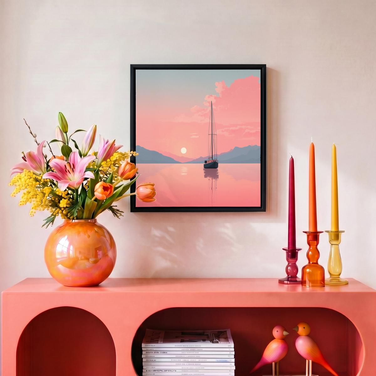 LEINWAND Bilder mit Rahmen - Segelboot - Rosa Meer - Sonnenuntergang - Berge - 20x20 - Rosa, Textil (20/20cm) - MuchoWow