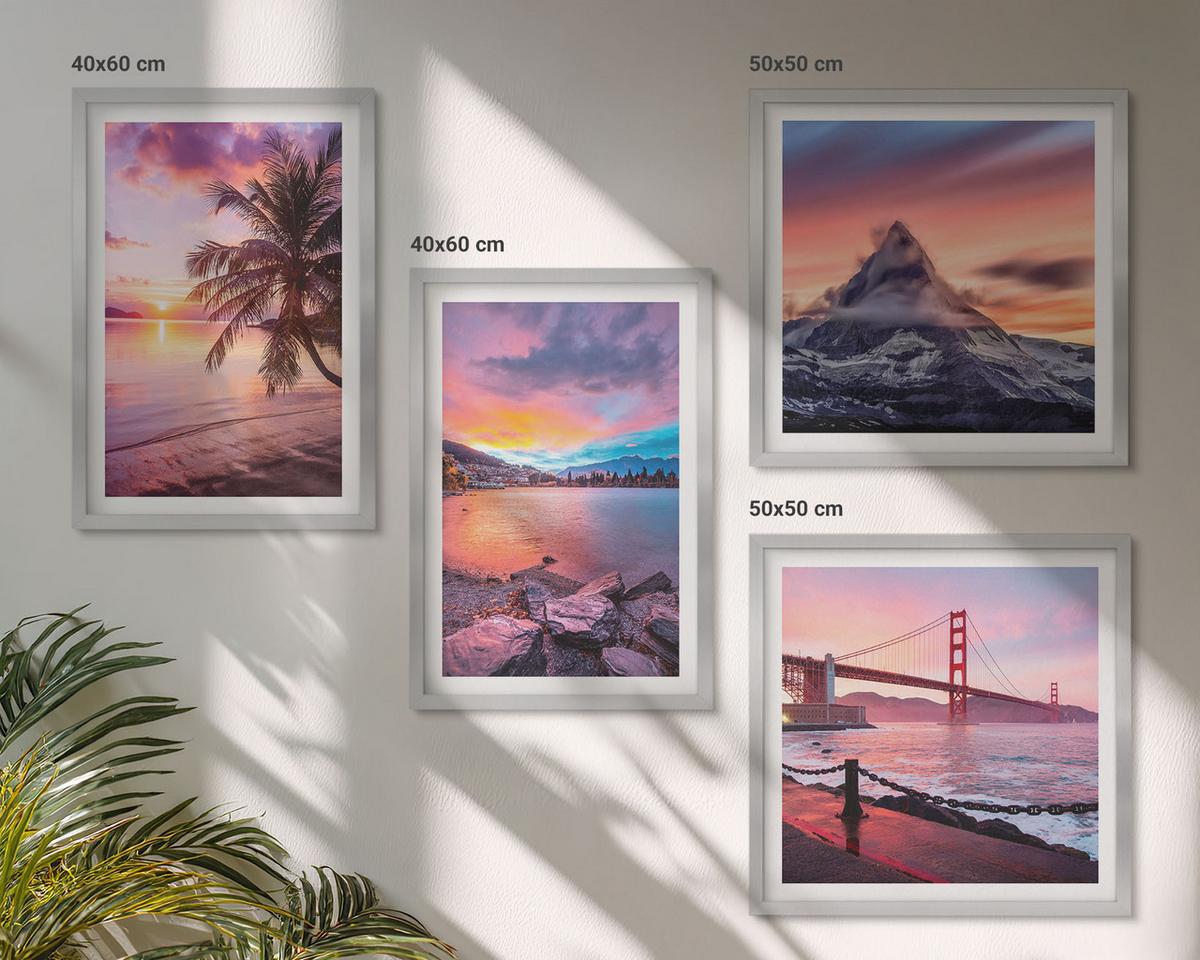 BILDER SET 4er Set - 50x50 cm & 40x60 cm Silberner Rahmen - Sonnenuntergangsbrücke Landschaft - Silberfarben, Kunststoff (50/50cm) - TULUP