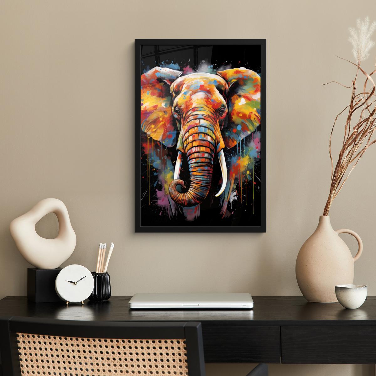 POSTER MIT RAHMEN Elefant - Graffiti - Schwarz - Tiere - Farben Bilder mit Rahmen 40x60 cm - Schwarz, Papier (40/60cm) - MuchoWow