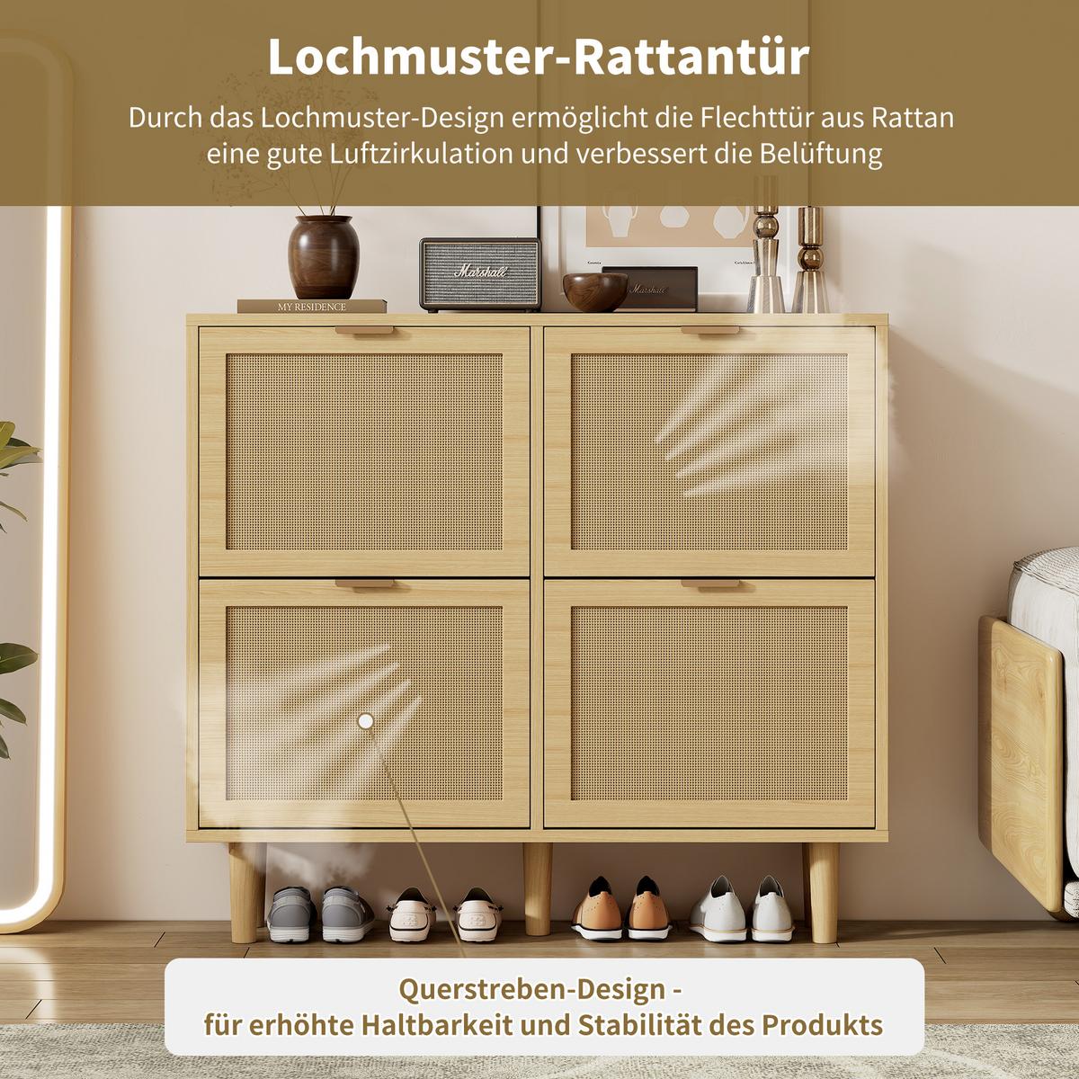 SCHUHSCHRANK mit Rattan-Front & 4 Klappen in Eiche-Optik - Sonoma Eiche, Holzwerkstoff (100/90/25cm) - Urban Meuble