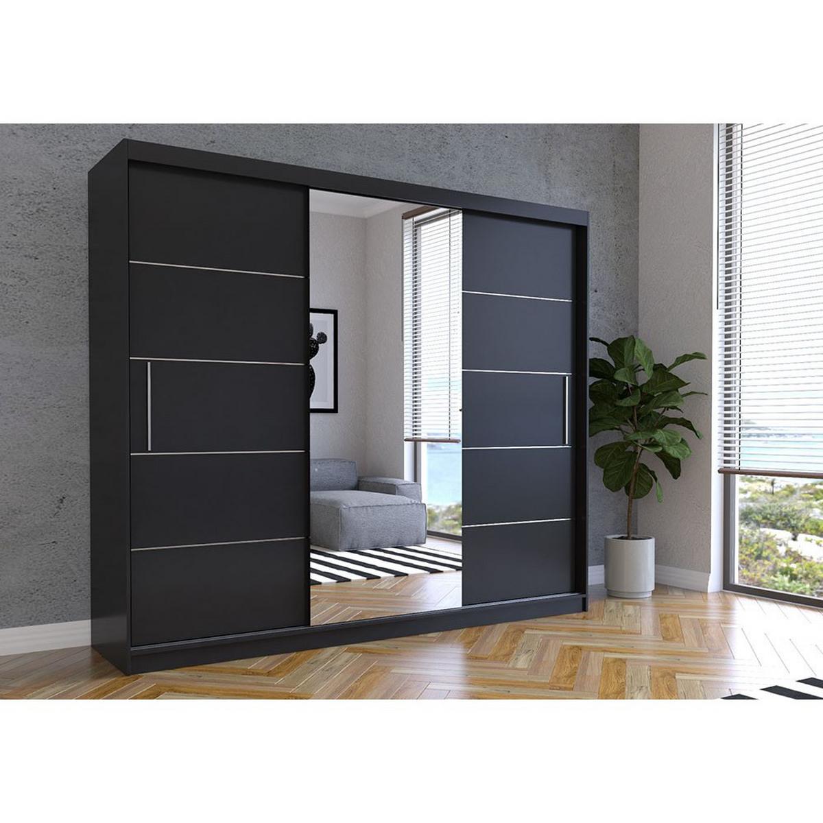 SCHWEBETÜRENSCHRANK ALBA Schwarz/Schwarz + Spiegel, mit LED-Beleuchtung 250cm - Schwarz/Alufarben, Glas/Holzwerkstoff (250/218/61cm) - imoebel24