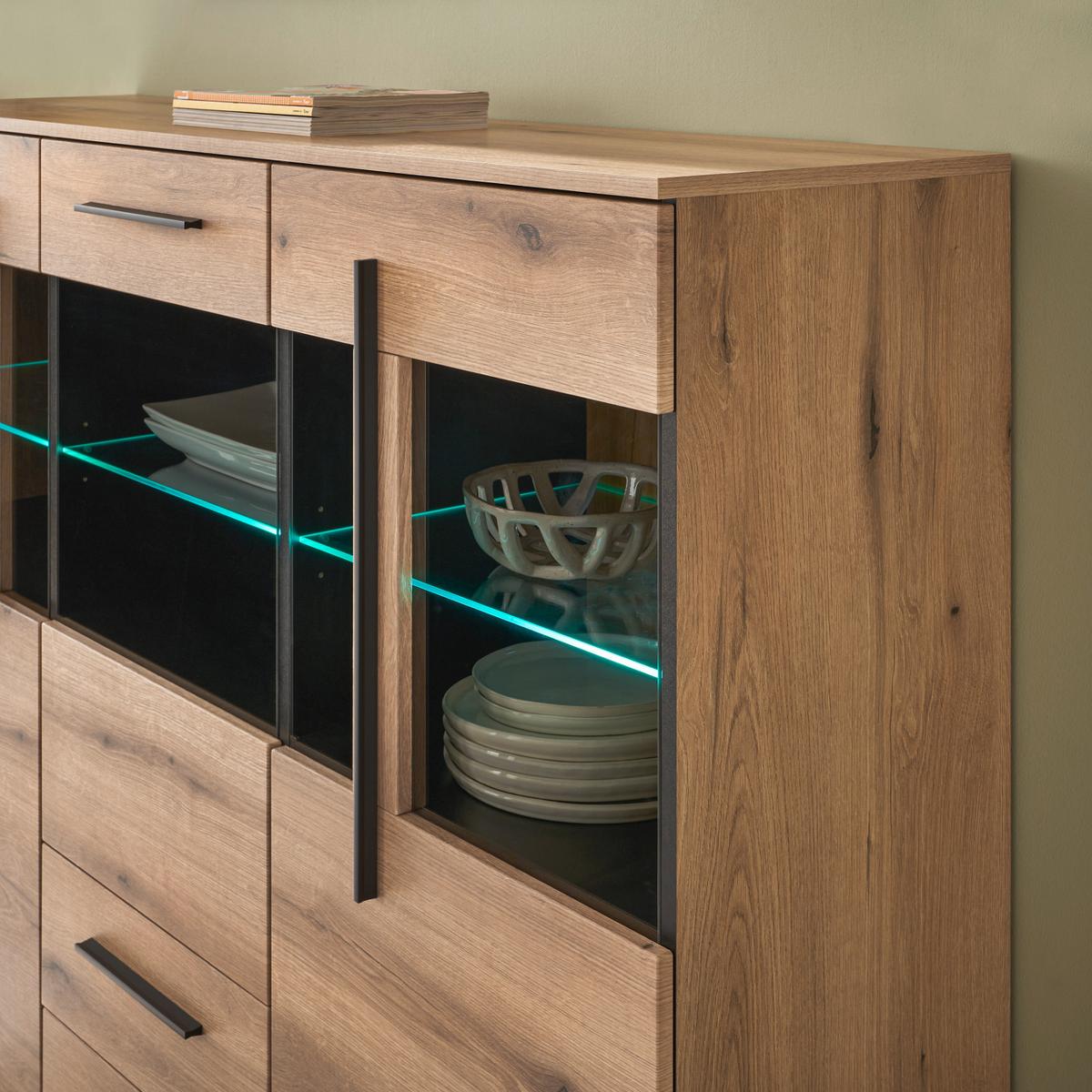 HIGHBOARD Eiche Evoke, Anrichte 160 cm mit Beleuchtung - Eichefarben/Schwarz, Glas/Holzwerkstoff (160/126/42cm) - Furn.Design