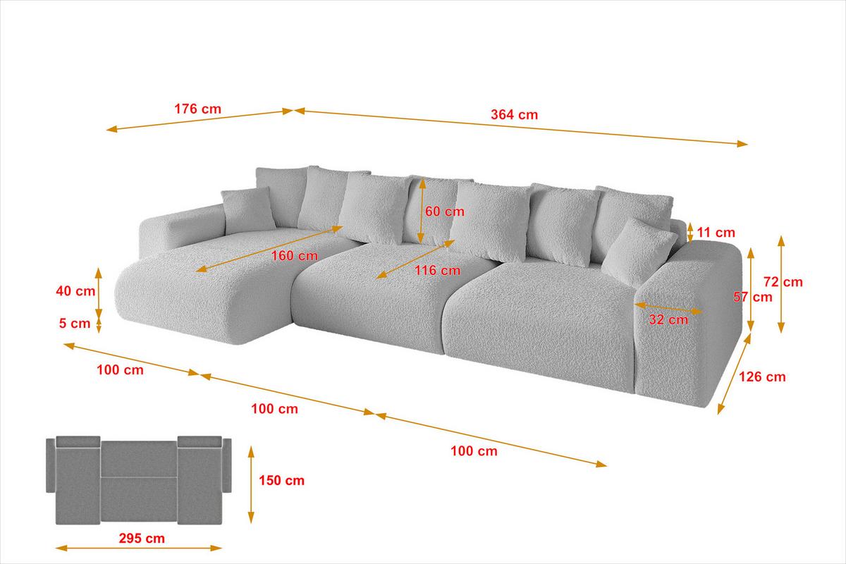 ECKSOFA Ottomane links ESKAR-L2 364x176x72 Hellgrau Bouclé - Hellgrau/Schwarz, Holzwerkstoff/Kunststoff (364/176cm) - ALTDECOR