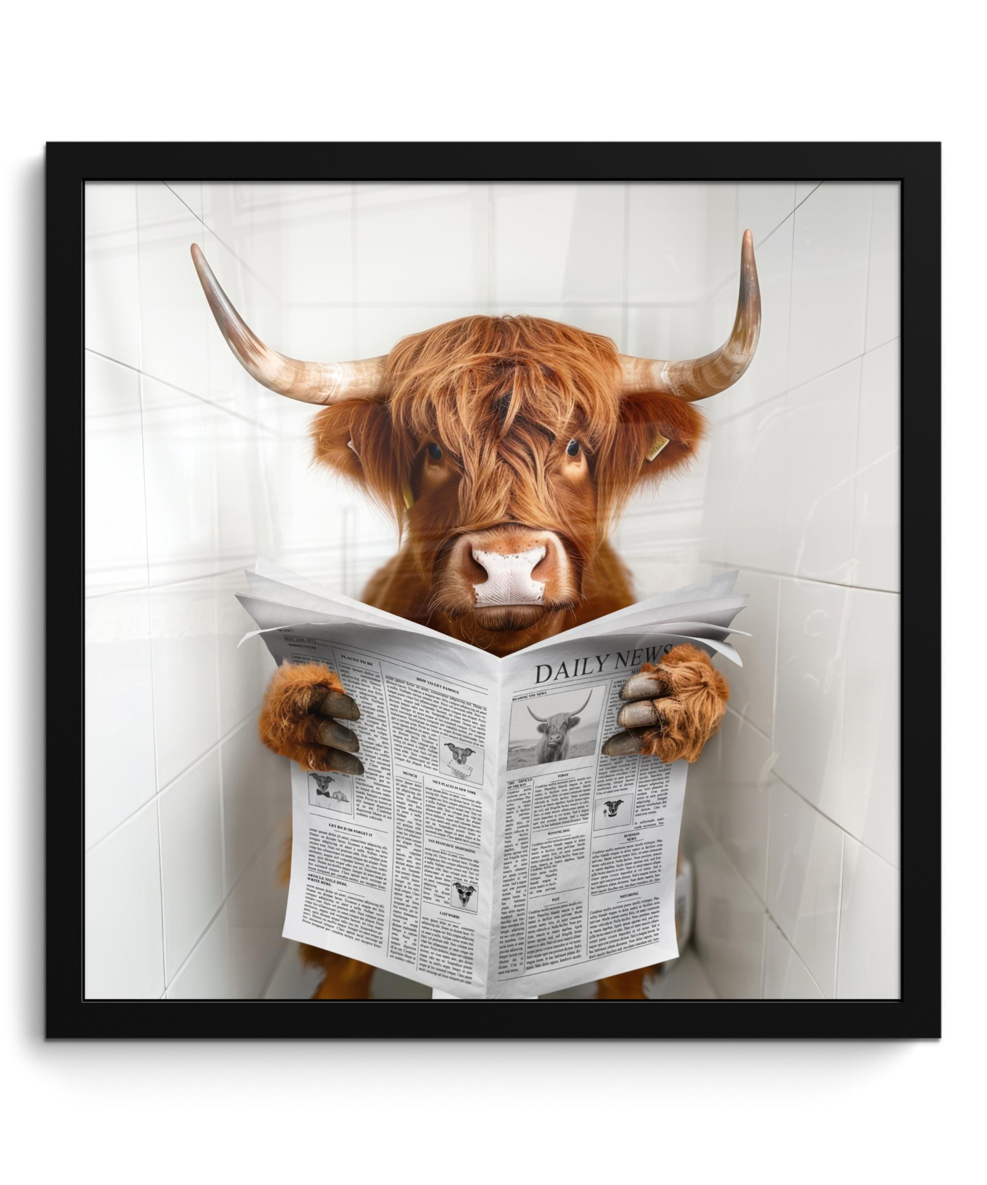 POSTER MIT RAHMEN Schottischer Highlander - Tier - Zeitung - Toilette 40x40 cm - Kastanienfarben, Papier (40/40cm) - MuchoWow