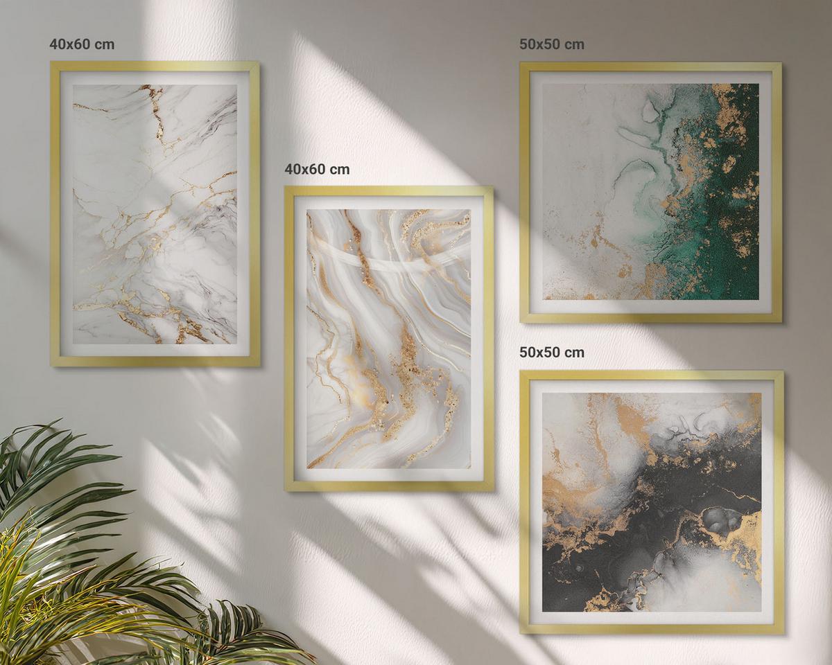 BILDER SET 4er Set - 50x50 cm & 40x60 cm Goldrahmen - Abstrakte Muster weiß schwarz grün - Goldfarben, Kunststoff (50/50cm) - TULUP