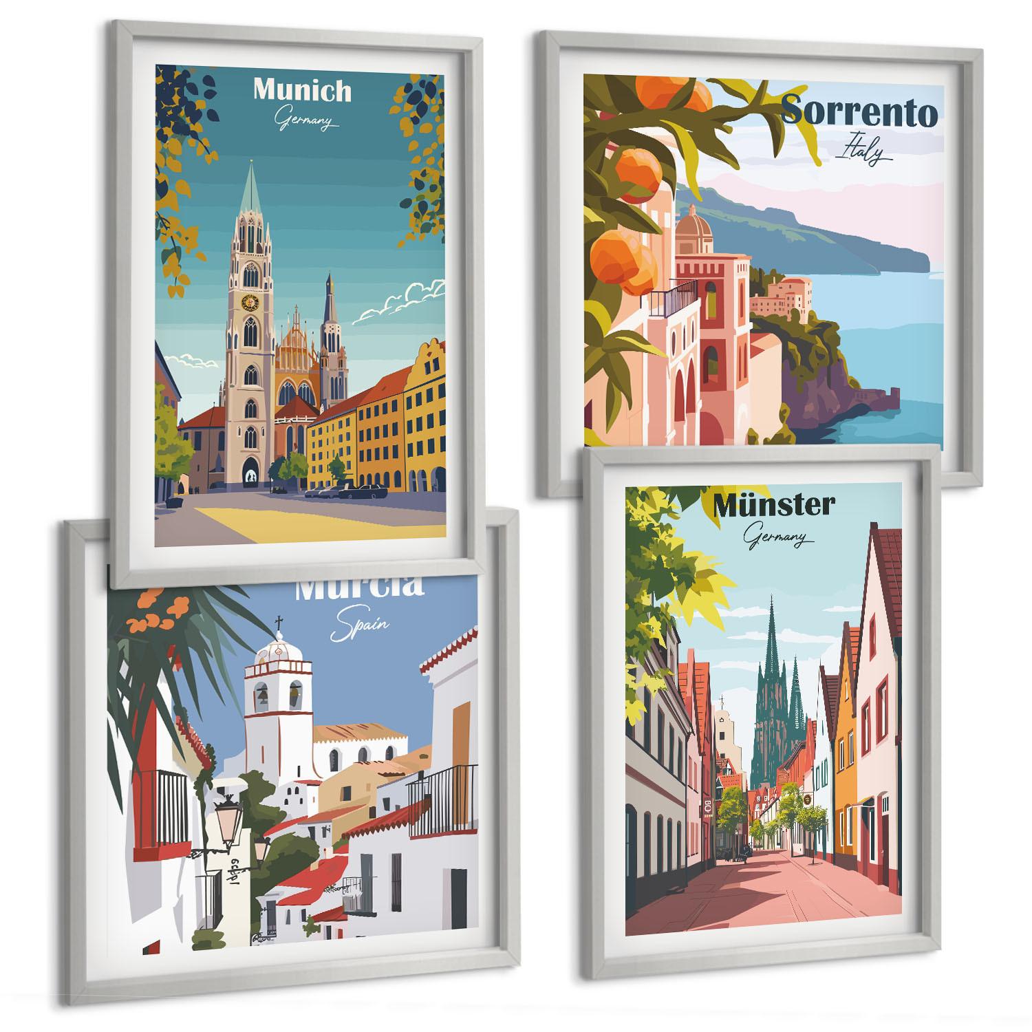BILDER SET 4er Set - 50x50 cm & 40x60 cm Silberner Rahmen - Europäische Städte in farbigen Illustrationen - Silberfarben, Kunststoff (50/50cm) - TULUP