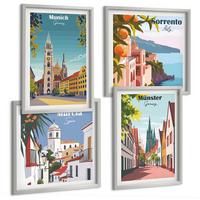 BILDER SET 4er Set - 50x50 cm & 40x60 cm Silberner Rahmen - Europäische Städte in farbigen Illustrationen - Silberfarben, Kunststoff (50/50cm) - TULUP