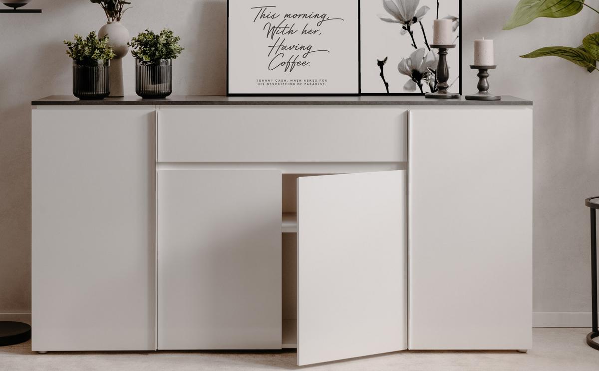 SIDEBOARD weiß Glanz, grau 178 cm, große Kommode mit 6 Fächern - Chromfarben/Silberfarben, Holzwerkstoff/Kunststoff (177.5/92/40cm) - Furn.Design