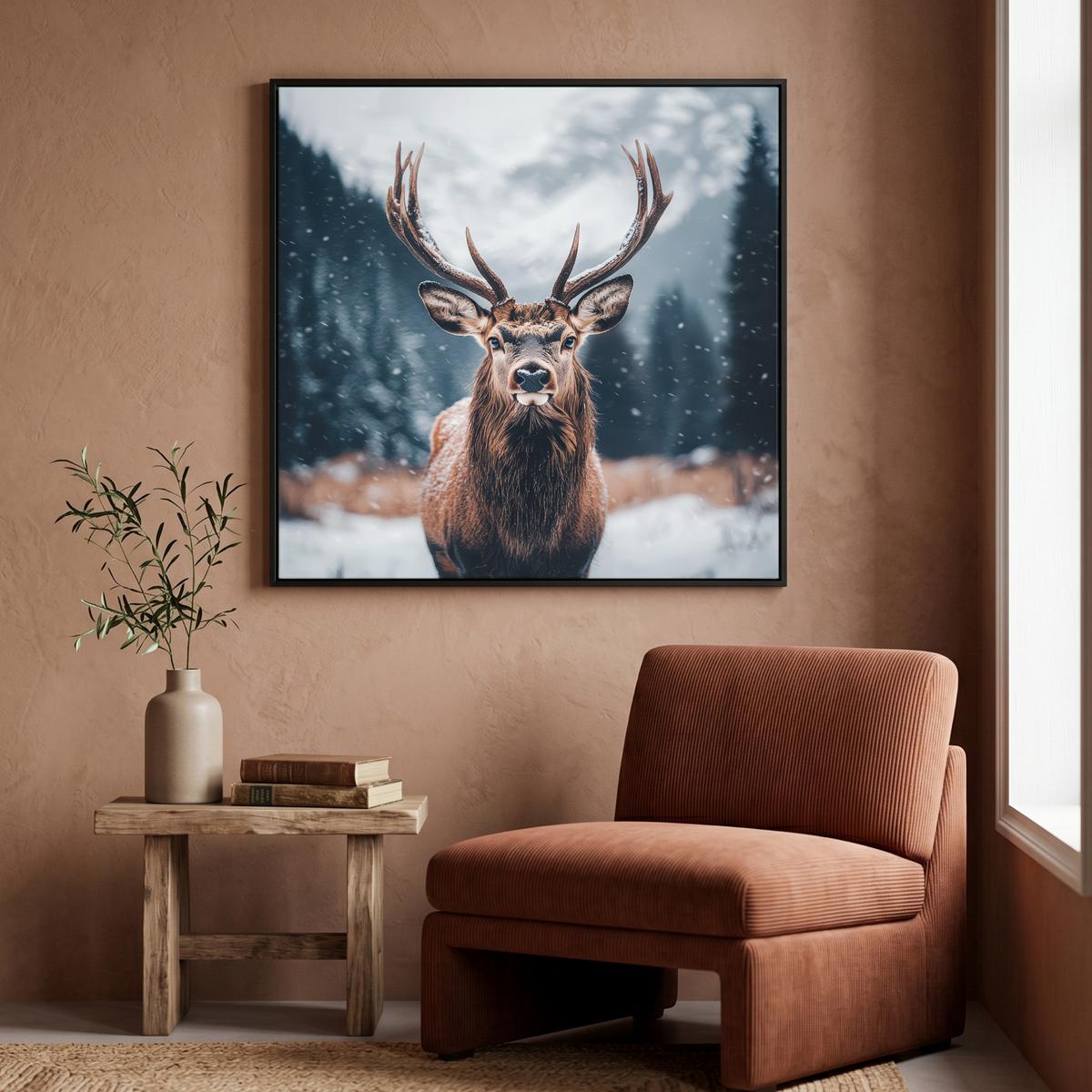 LEINWAND Bilder mit Rahmen - Hirsche - Tiere - Landschaft - Winter - Schnee - 90x90 - Kastanienfarben, Textil (90/90cm) - MuchoWow