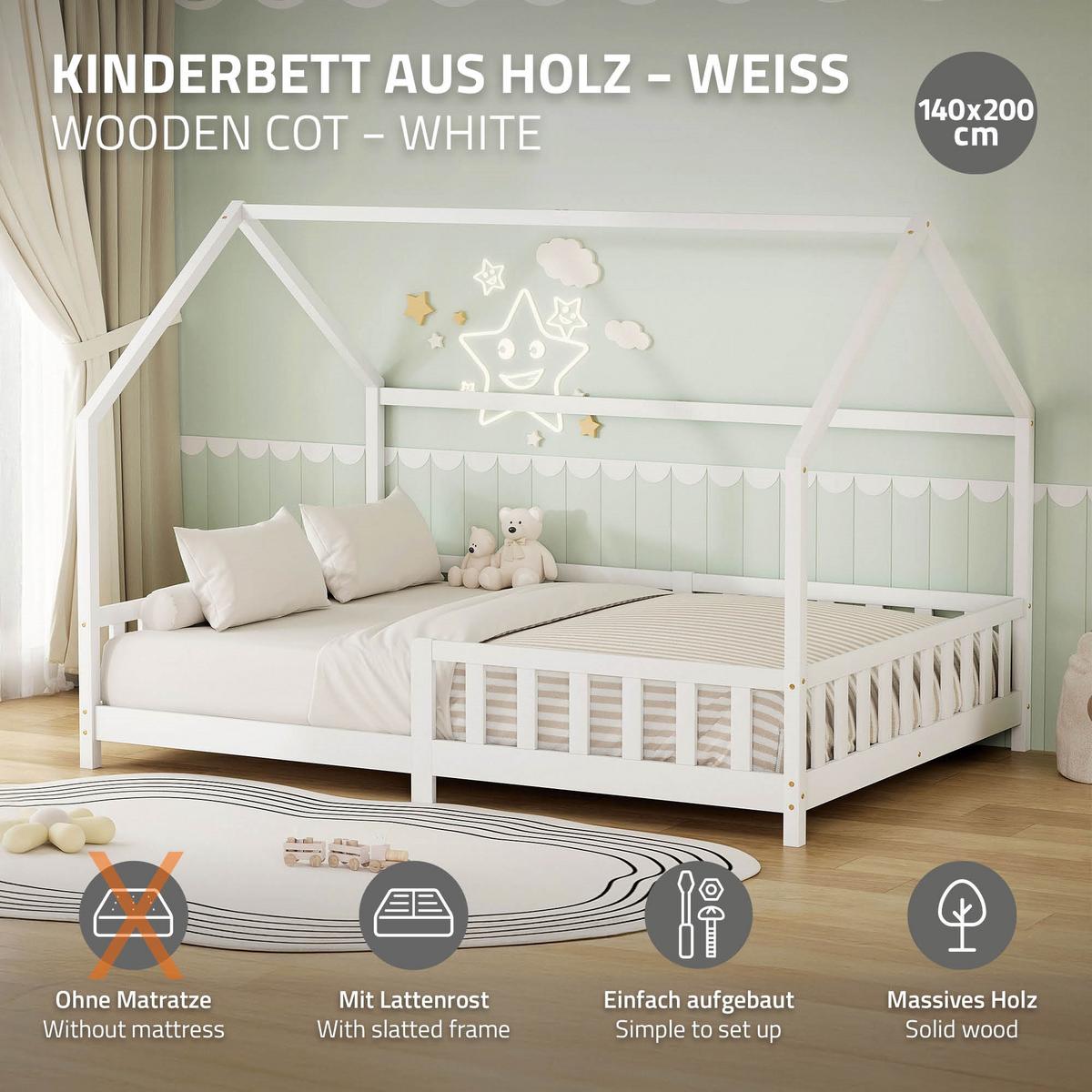 KINDERBETT 140x200 cm mit Rausfallschutz Weiß aus massivem Kiefernholz - Weiß, Holz (140/200cm) - ML-DESIGN