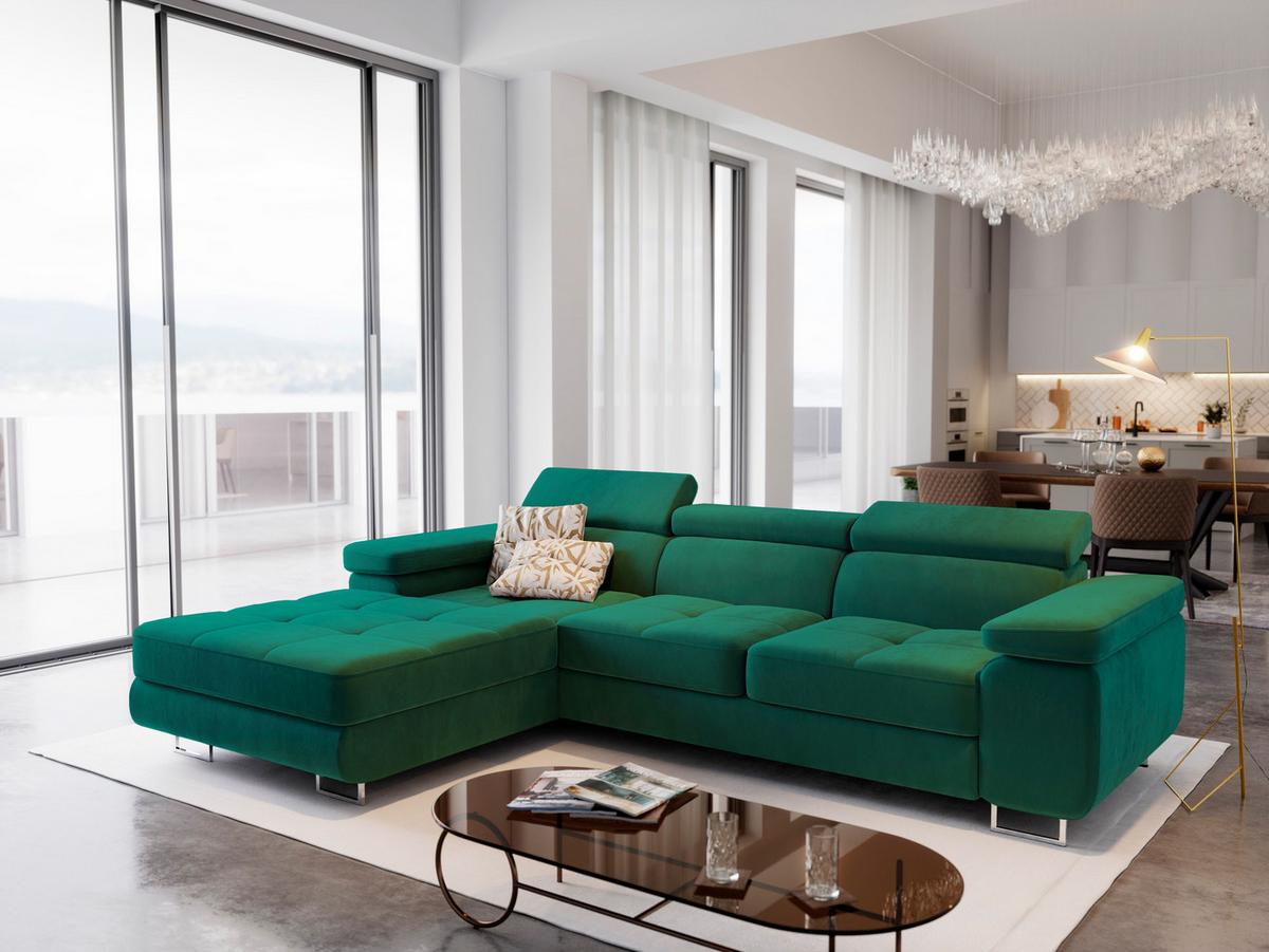 ECKSOFA ELMA L-S Grün Velours-Stoff mit Schlaffunktion - Silberfarben/Grün, Holz/Textil (280/205cm) - MASSENO