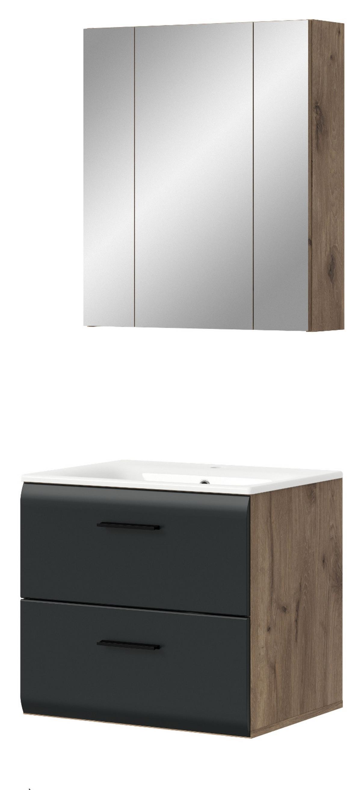 BADMÖBEL-SET 2-teilig Schwarz matt und Eiche Komplett-Set mit Waschbecken, 60 x 185 cm - Eichefarben/Schwarz, Glas/Holz (60/185/46cm) - Inn.Furn