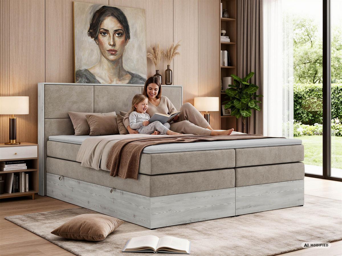 BOXSPRINGBETT DELNOR KING 140/200 - Hellgrau Velvet - Topper Visco - H3 - Hellgrau/Schwarz, Kunststoff/Textil (140/200cm) - MKS