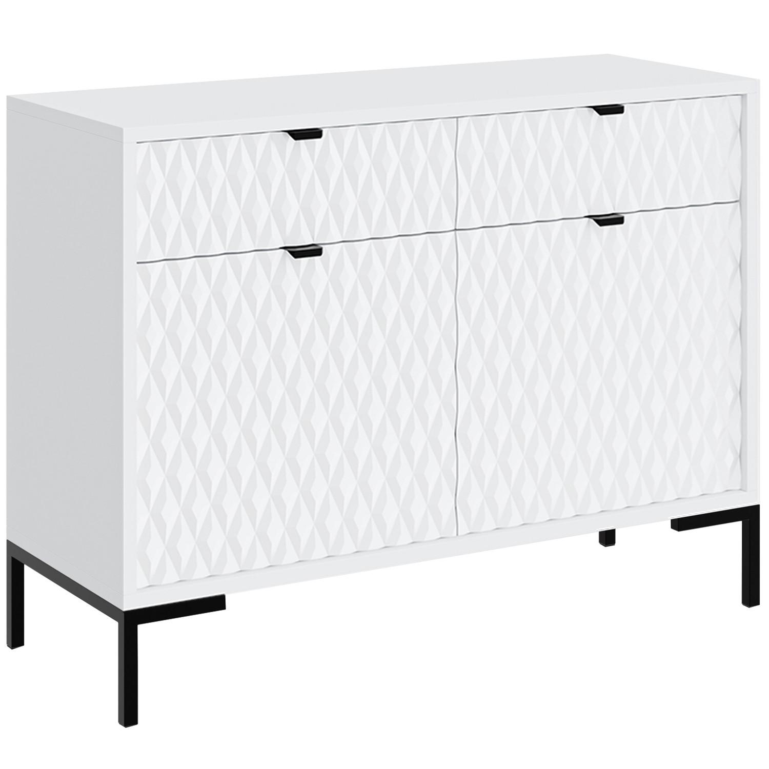 KOMMODE Montreal mit 2 Türen und 2 Schubladen, dekorative 3D-Fronten, 100 cm, Weiß - Schwarz/Weiß, Holzwerkstoff/Metall (101/85/40cm) - Beautysofa