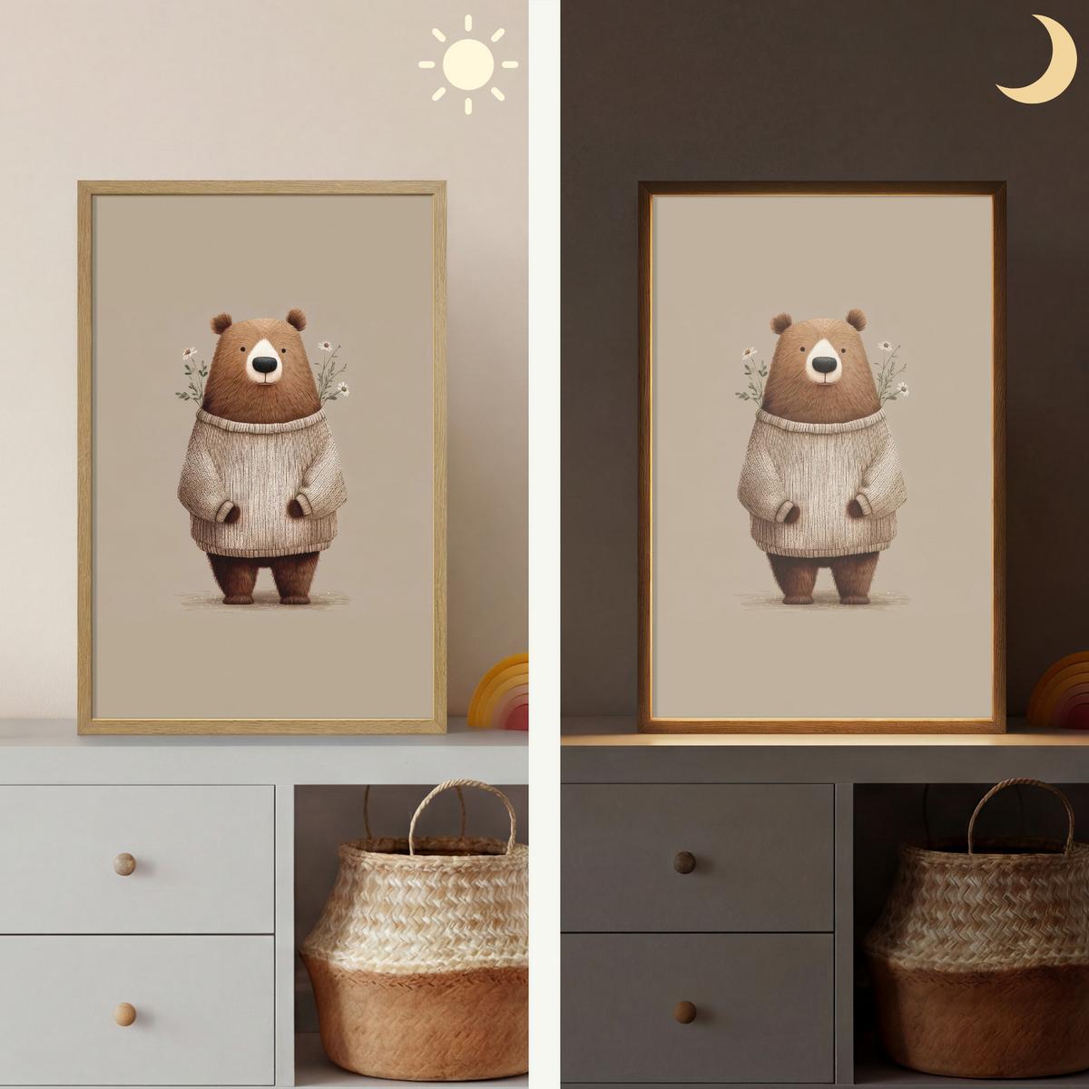 WANDLEUCHTE MIT AKKU Bär - Weiße Blumen - Gemütlich 40x60 cm - Taupe, Holzwerkstoff (40/60/8cm) - OnlyWow
