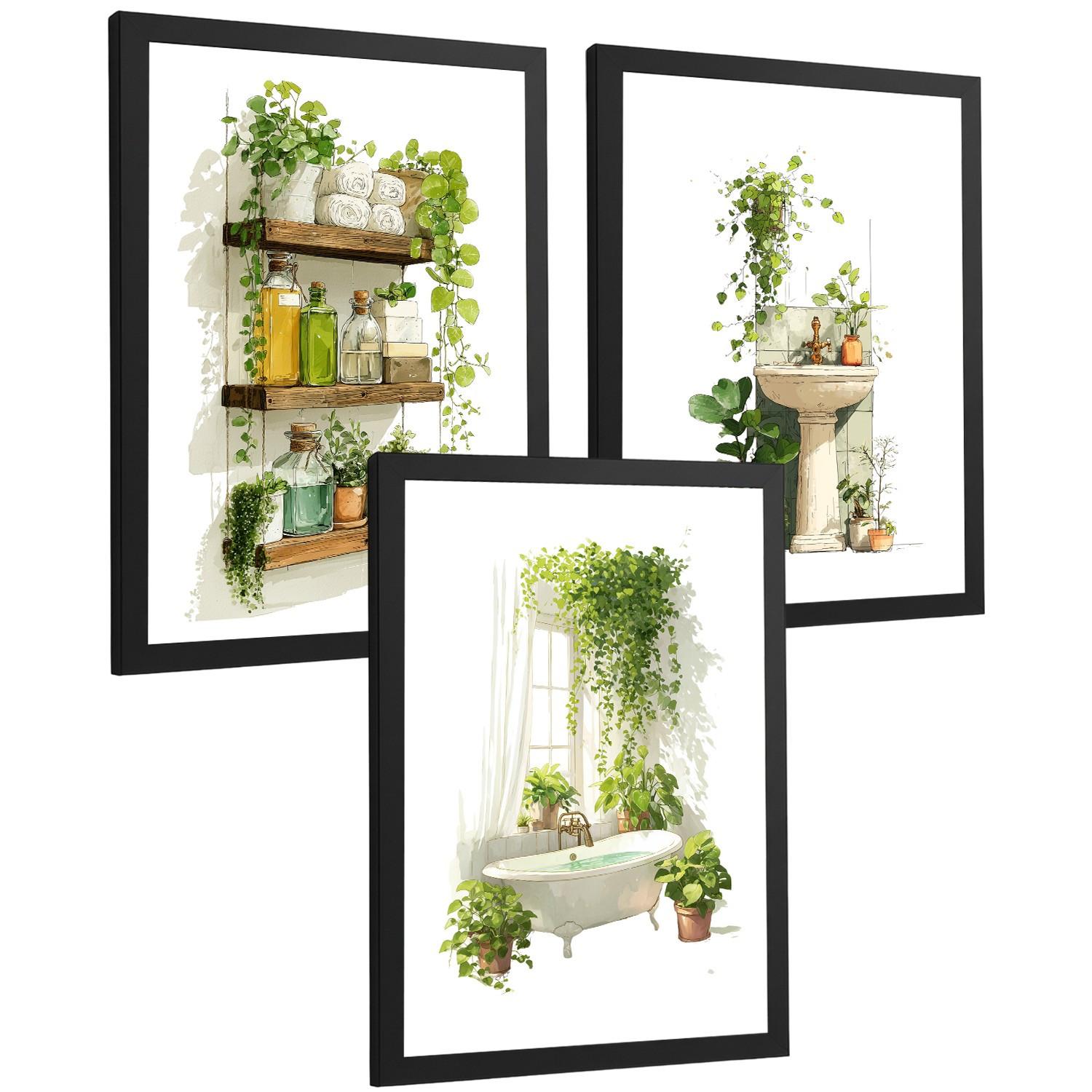 POSTER 3er-Set dekorative Badezimmerbilder, Wanddeko, im botanischen Stil, für Toilette, grüne Pflanzen Schwarzer Rahmen A3 - Schwarz, Papier (42/29.7/3cm) - Nacnic