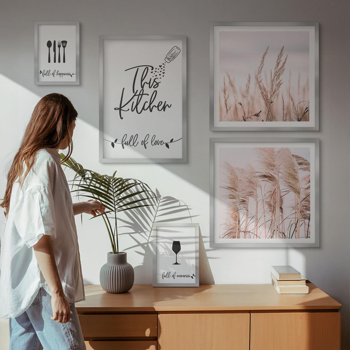 BILDER SET 5er Set - 50x50 cm & 20x30 cm & 40x60 cm Silberner Rahmen - Abstrakte Blattmalerei - Silberfarben, Kunststoff (40/60cm) - TULUP