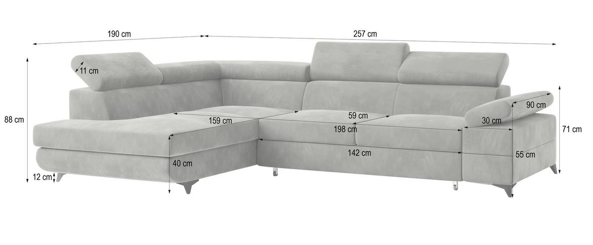 ECKSOFA FAVIEN L-S Creme Velours-Stoff mit Schlaffunktion - Creme, Holz (257/190cm) - MASSENO
