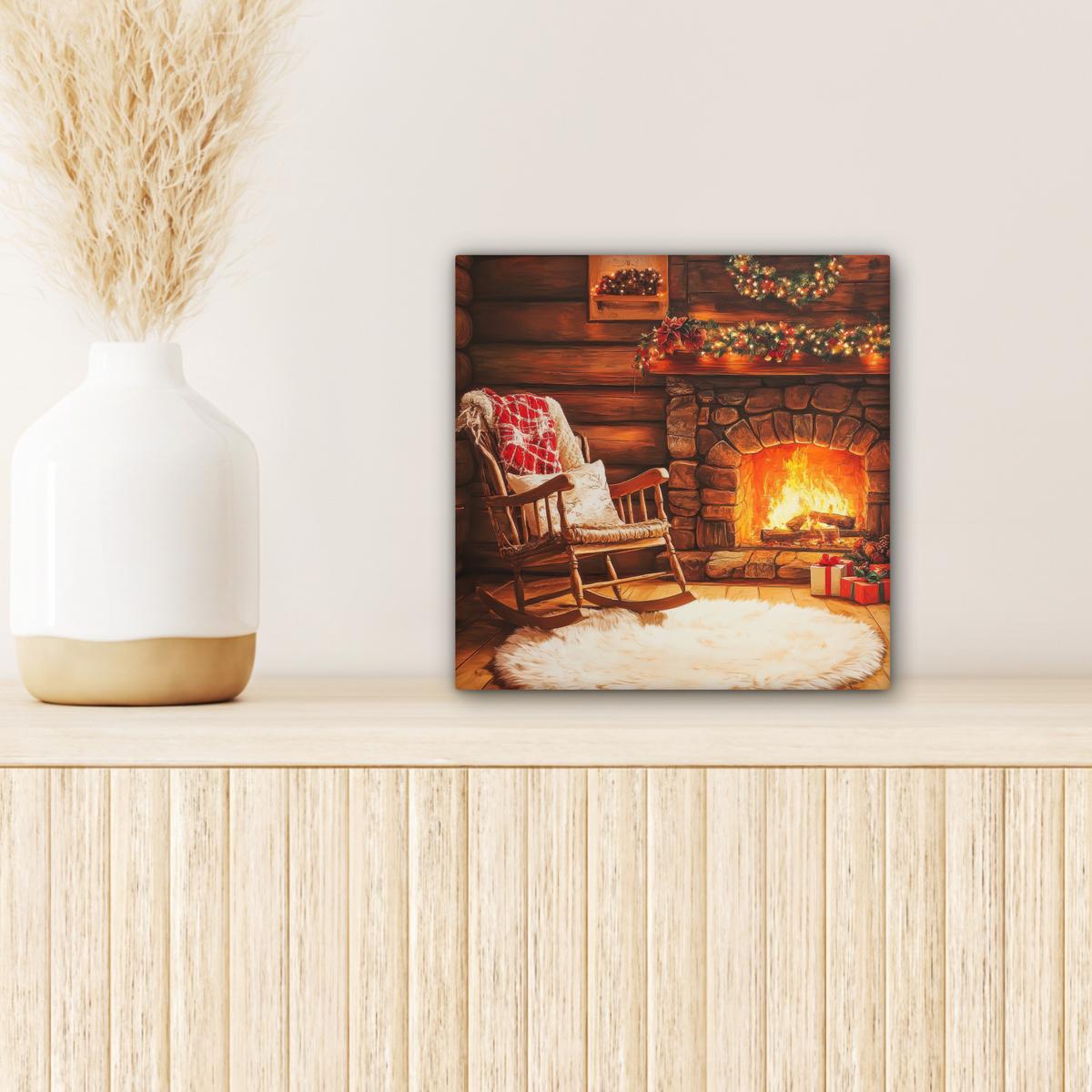 LEINWANDBILD Winter - Weihnachten - Zuhause - Kamin Deko Wohnzimmer 20x20 cm - Bernsteinfarben, Textil (20/20cm) - MuchoWow