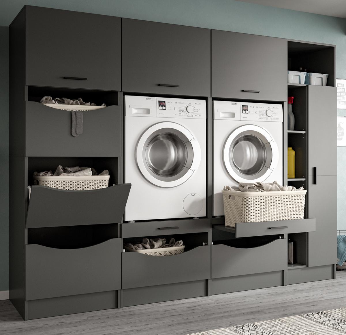 WASCHMASCHINENSCHRANK grau Set 4-teilig 242 x 196 cm, viel Stauraum - Schwarz/Grau, Holzwerkstoff/Kunststoff (242/196/68cm) - Inn.Furn