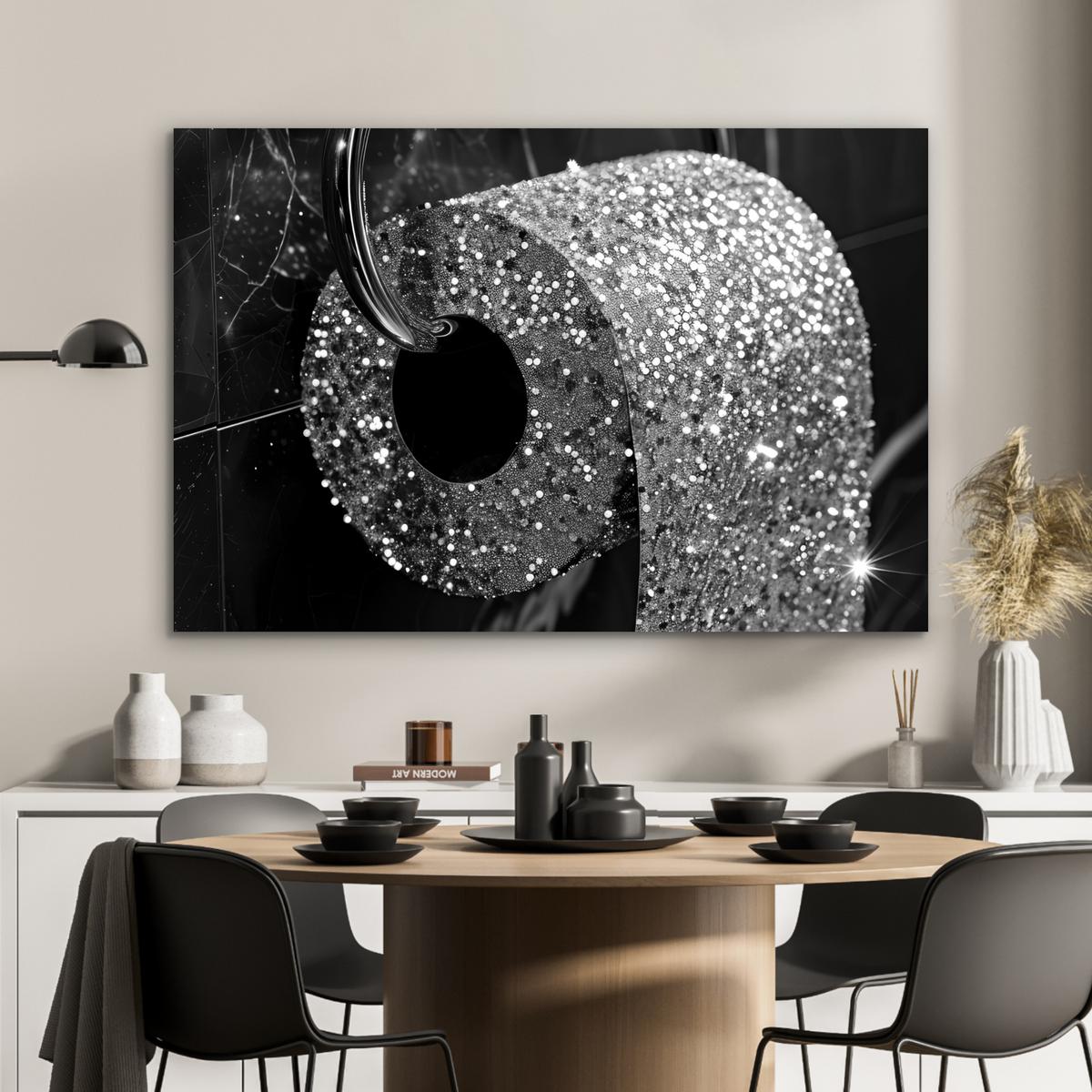 METALLBILD WC - Toilettenpapier - Schwarz und weiß - Glitter Wanddeko 90x60 cm - Silberfarben, Metall (90/60cm) - MuchoWow