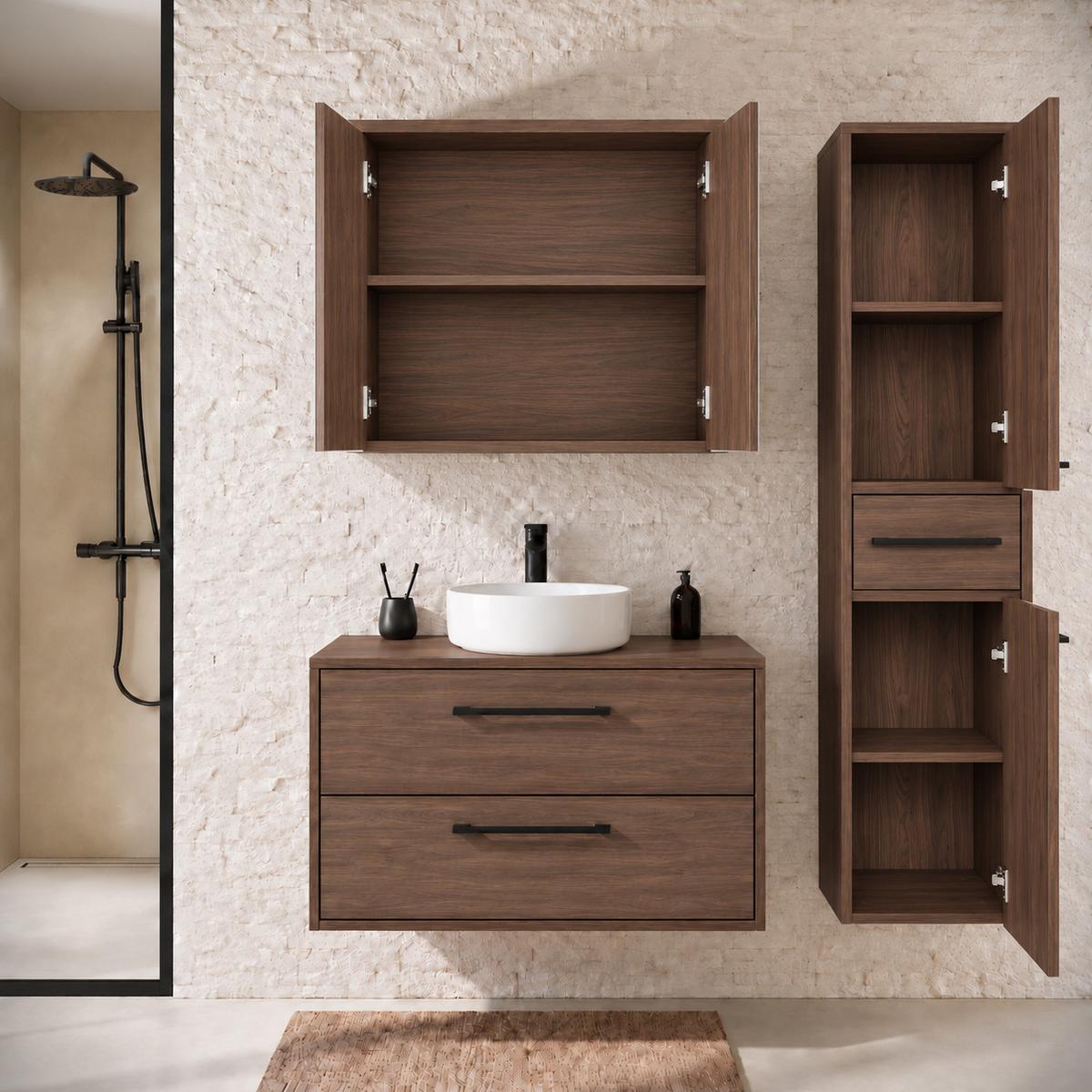 BADMÖBEL-SET Florence 3 Teile Walnuss Braun - 80 x 46 x 46 cm - Walnussfarben, Holz (80/46/46cm) - Badplaats