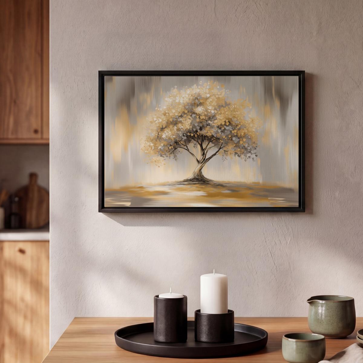 LEINWAND Bilder mit Rahmen - Gemälde - Baum - Abstrakt - Blätter - 30x20 - Beige, Textil (30/20cm) - MuchoWow