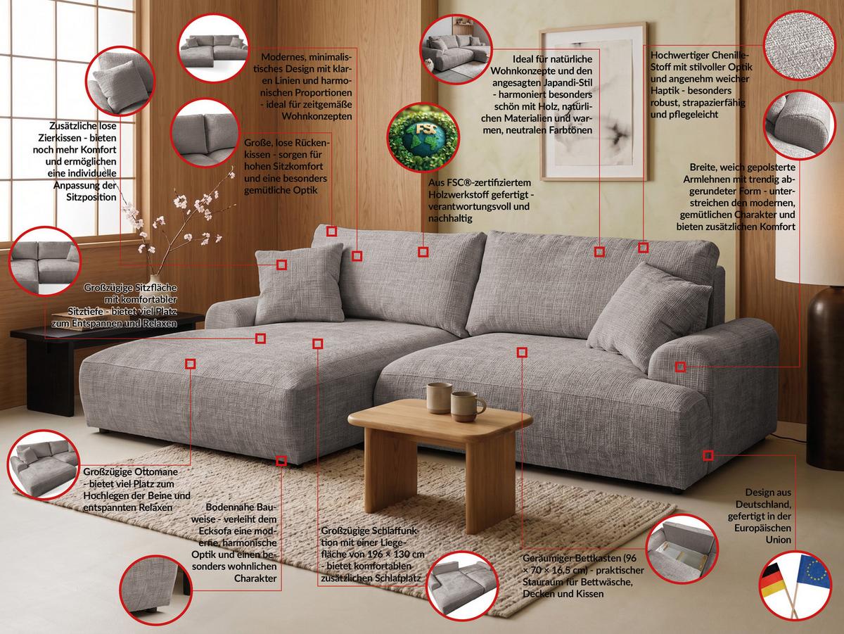 ECKSOFA Melvano mit Schlaffunktion und Bettkasten im Japandi-Stil aus weichem Taupe Chenille-Stoff - Taupe/Schwarz, Holz/Kunststoff (145/240cm) - S-Style