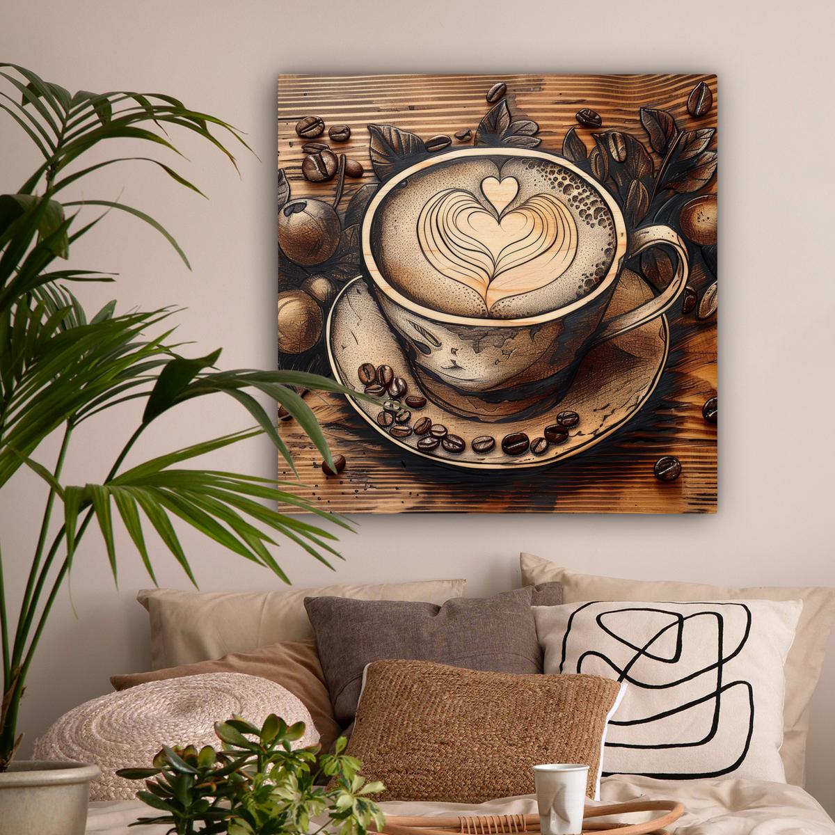 LEINWANDBILD Kaffee - Vintage - Braun - Tasse - Holz Deko Groß 90x90 cm - Braun, Textil (90/90cm) - MuchoWow