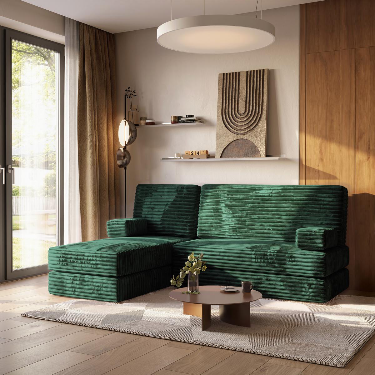 ECKSOFA NOTIA modulares Boneless Sofa mit Schlaffunktion Grün Kordstoff - Grün, Textil (200/120cm) - MASSENO