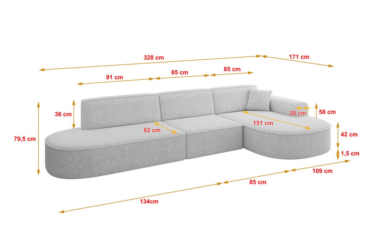 ECKSOFA Ottomane Rechts MARI-L2 - 328x171x79 cm Grau Tissu - Schwarz/Grau, Holzwerkstoff/Kunststoff (171/328cm) - ALTDECOR