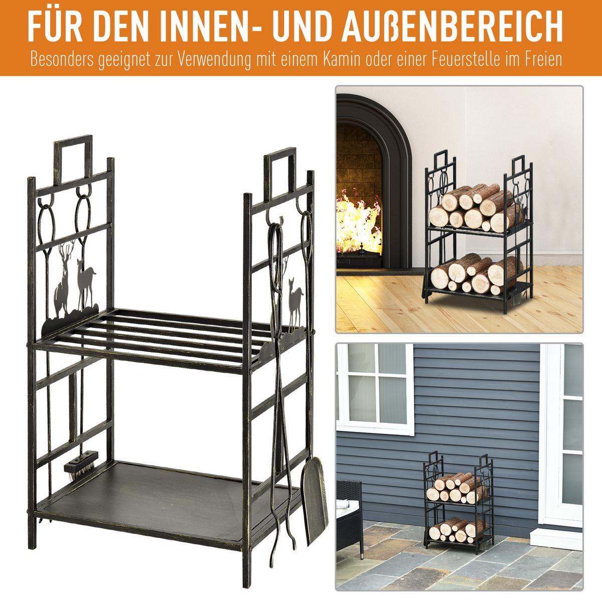 KAMINHOLZSTÄNDER mit Kaminbesteck Brennholzregal Feuerholzablage Eisen Gold - Goldfarben, Metall (33/33/51.5cm) - Outsunny