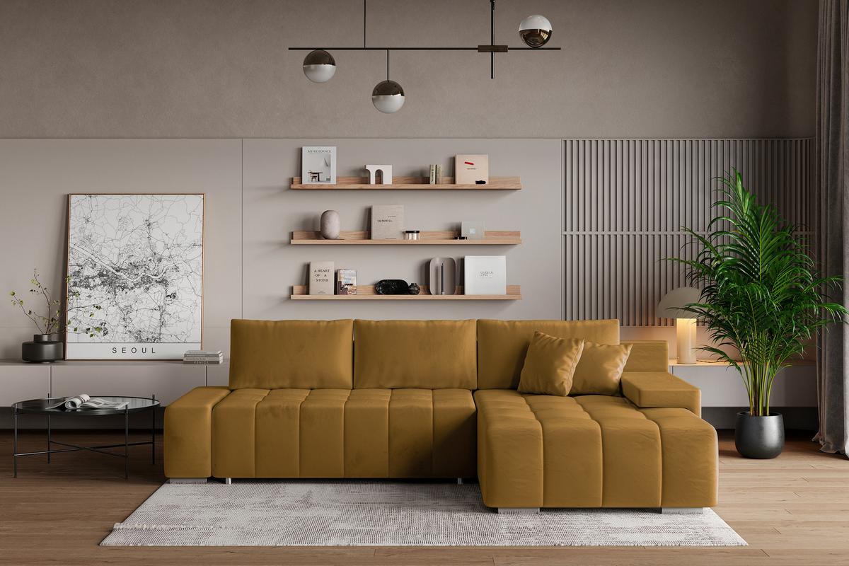 ECKSOFA ALESE R-S Gelb Velours-Stoff mit Schlaffunktion - Gelb/Silberfarben, Holz/Textil (265/185cm) - MASSENO