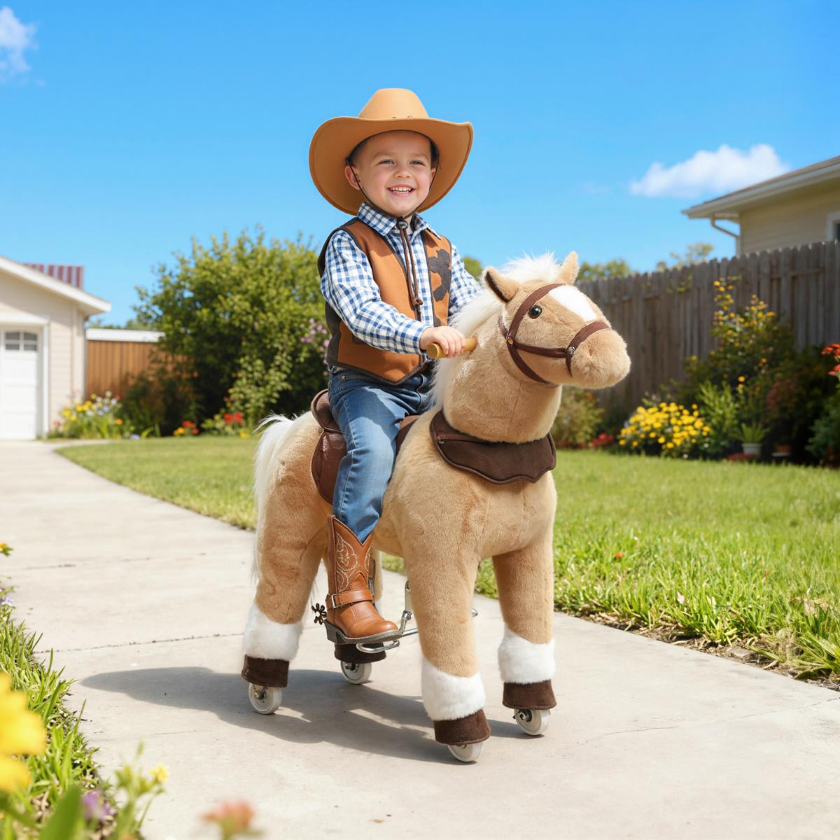REITPFERD Spielpferd zum Reiten mit Sattel Rollen 80 cm Stehpferd Braun - Braun, Textil (28/80/72cm) - AIYAPLAY