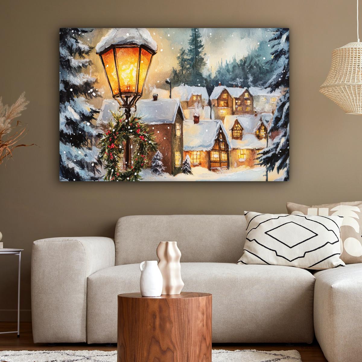 LEINWANDBILD Weihnachtsdorf - Häuser - Schnee - Weihnachten Groß 140x90 cm - Sandfarben, Textil (140/90cm) - MuchoWow