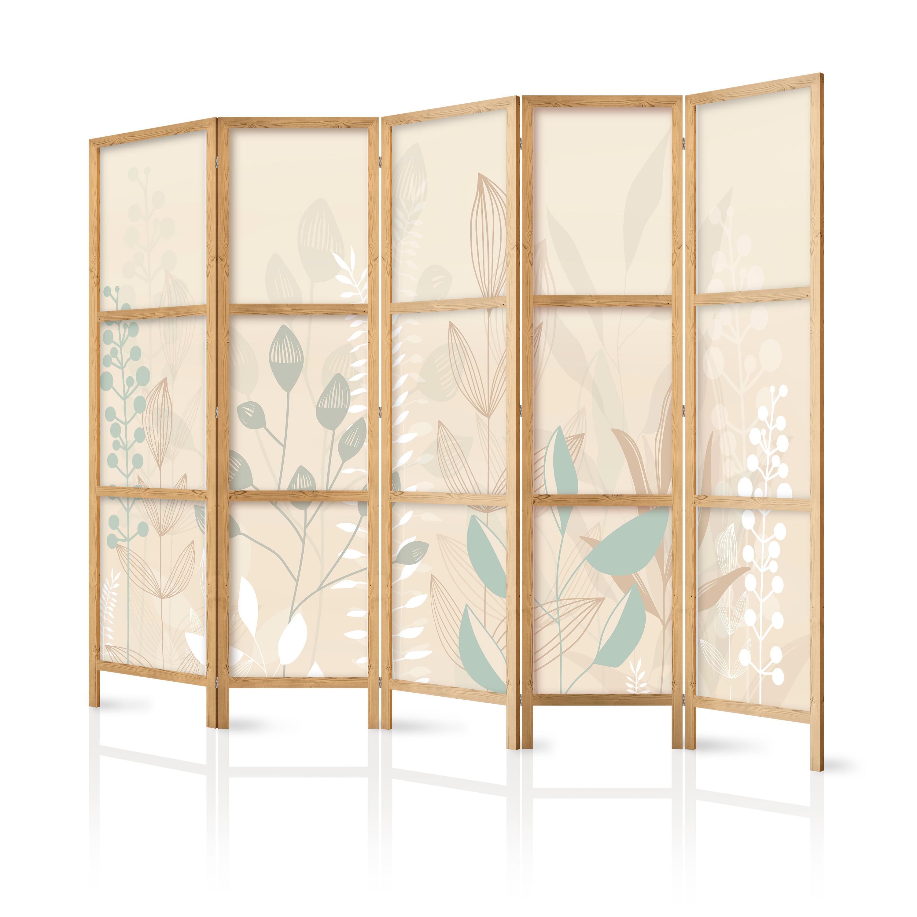 PARAVENT Japanischer 5-tlg 225x172 cm Boho Pflanzen - Beige, Holz/Textil (225/172/3cm) - Muralo