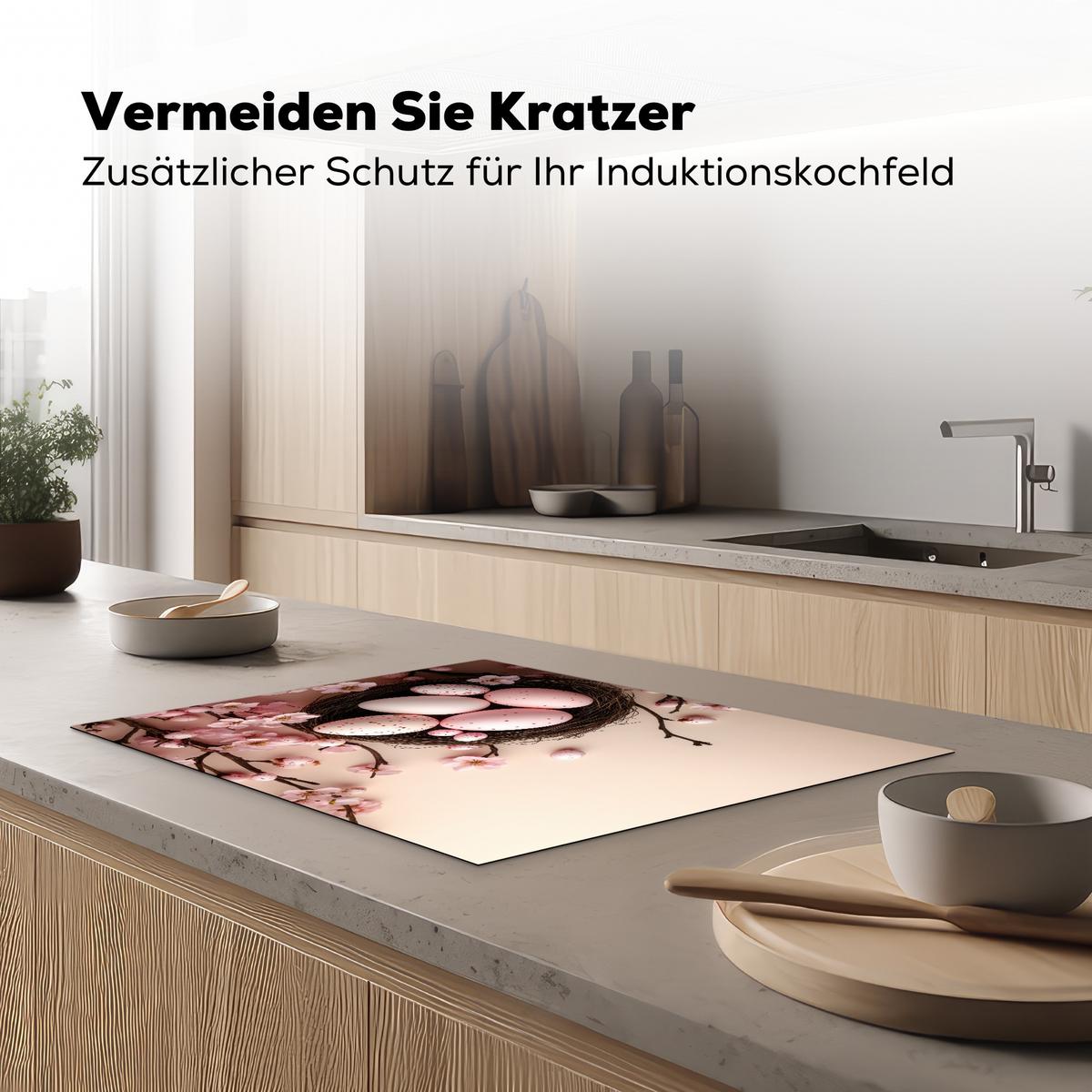 HERDABDECKPLATTE Rosa - Blüten - Eier Induktionsmatte 71x52 cm - Hellrosa, Kunststoff (71/52/0.2cm) - MuchoWow