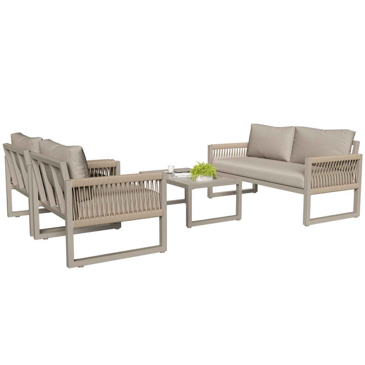 LOUNGEGARNITUR 4-tlg Khaki Metall & Seil Outdoor Sofaset mit 2 Sesseln, Sofa & Glastisch - Sandfarben, Metall - Urban Meuble