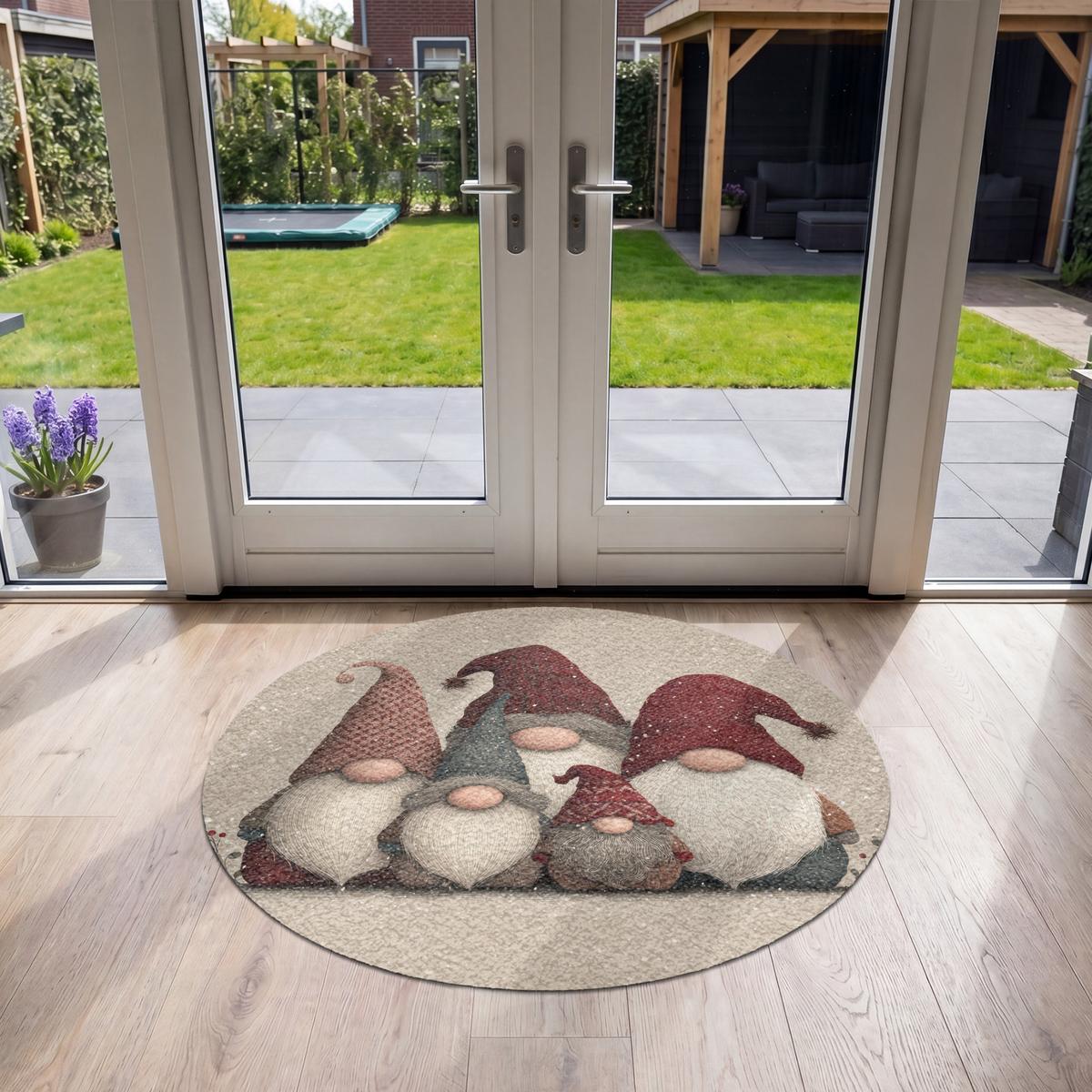 FUSSMATTE Wichtel - Weihnachten - Schnee - Zipfelmützen Türmatte 120x120 cm - Beige, Kunststoff (120/0.4cm) - MuchoWow