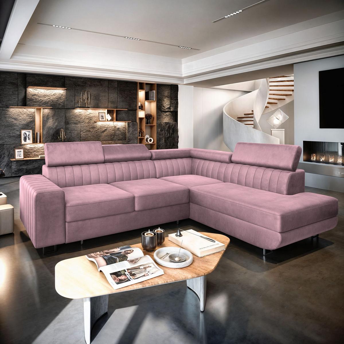 ECKSOFA NOLA R-S Lila Velours-Stoff mit Schlaffunktion - Lila/Silberfarben, Holz/Textil (253/190cm) - MASSENO