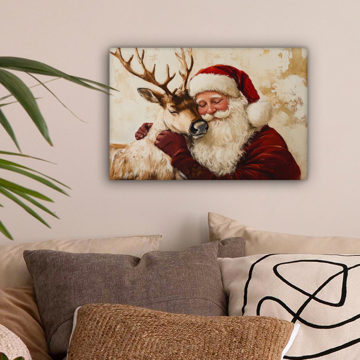 LEINWANDBILD Weihnachtsmann - Rentier - Weihnachten Deko Schlafzimmer 30x20 cm - Rotbraun, Textil (30/20cm) - MuchoWow