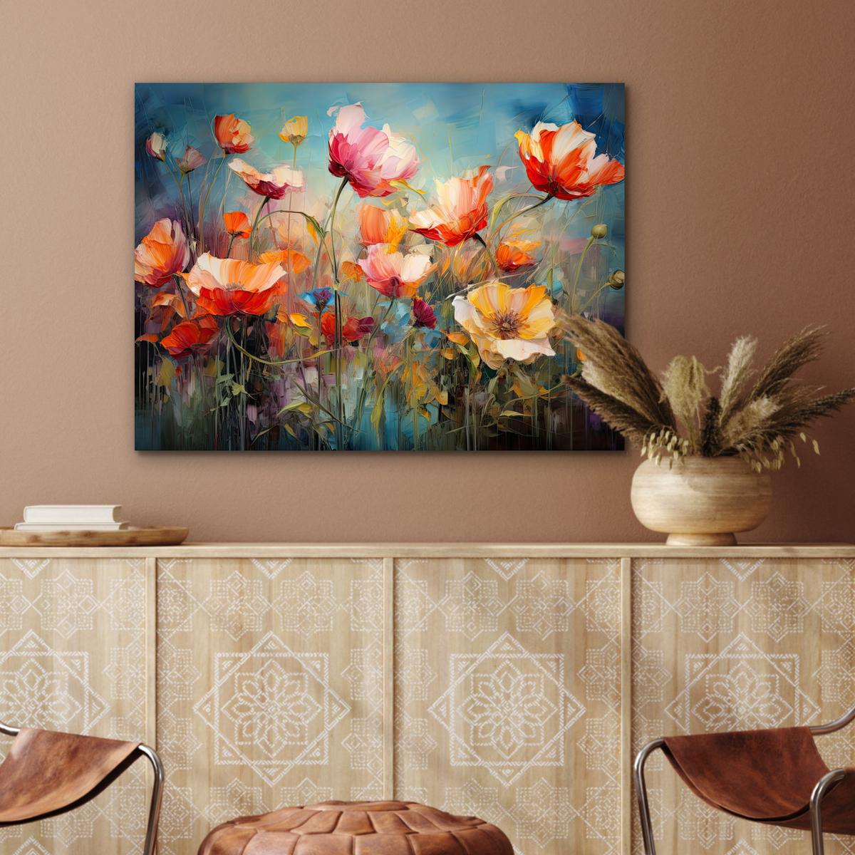 METALLBILD Blumen - Aquarell - Kunst - Botanisch - Natur 80x60 cm - Orange, Metall (80/60cm) - MuchoWow