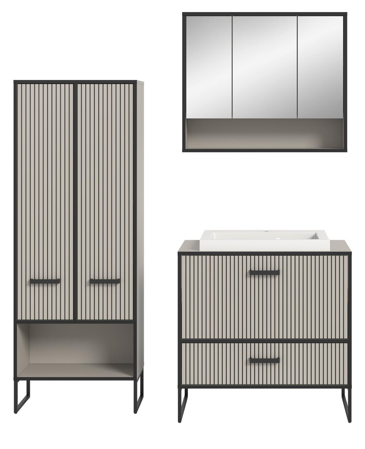 BADMÖBEL-SET schwarz, sand mit Waschbecken 154 cm, Kombination mit Soft-Close - Sandfarben/Schwarz, Glas/Keramik (154/192/48cm) - Inn.Furn